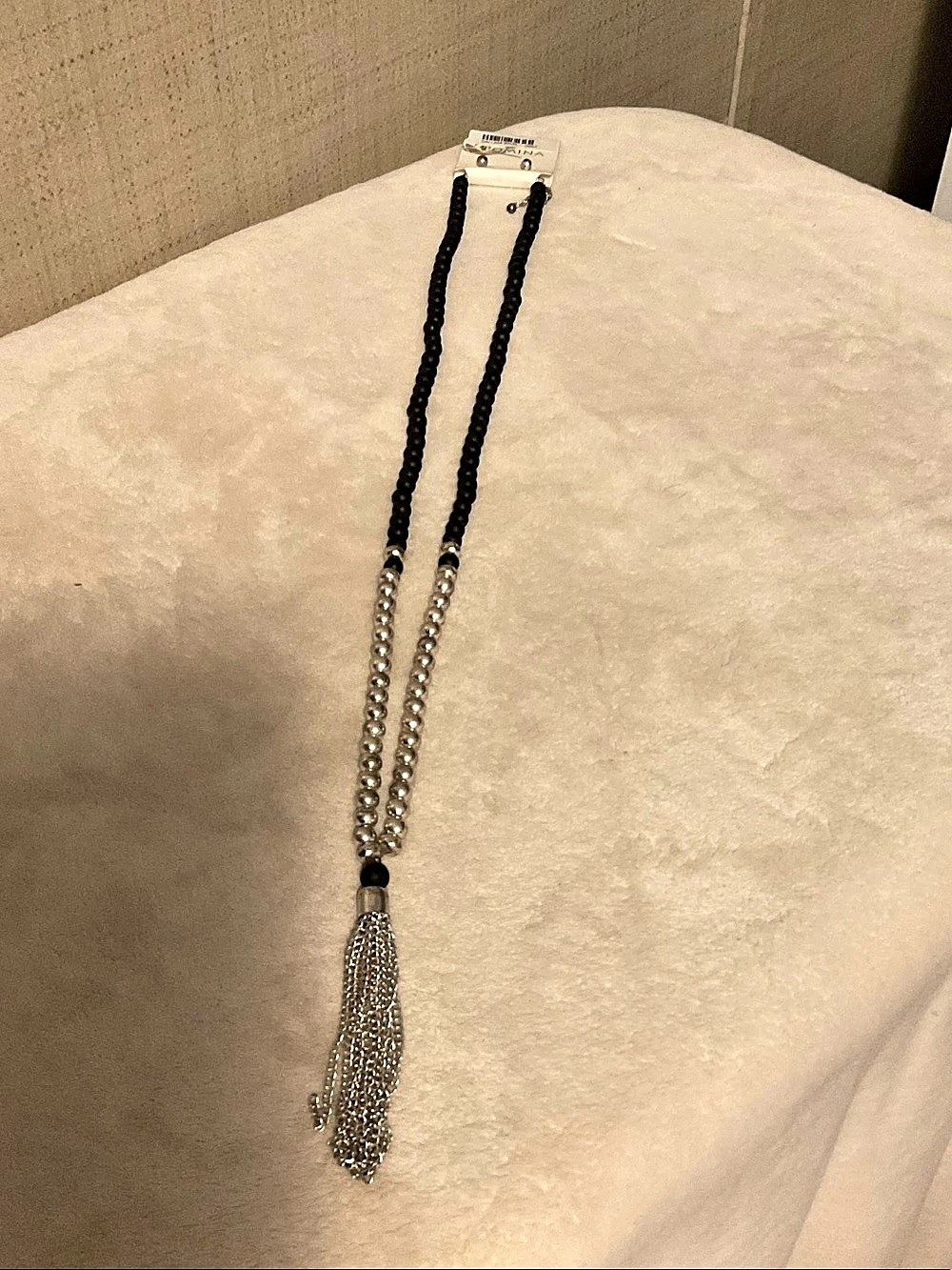 Mina Beaded Tassel Necklace in Black & Silver NWT